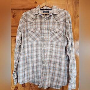 Rough Stock Panhandle Slim Taupe and Light Blue Plaid Western Shirt, Size XL